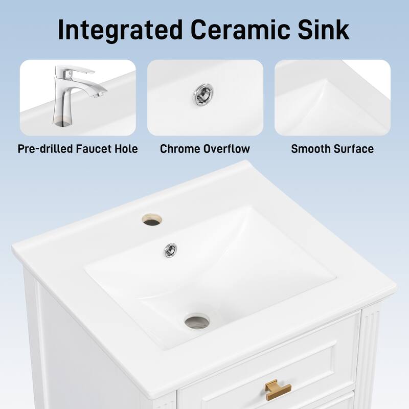 20" Bathroom Vanity with Sink, Freestanding White Cabinet with Ceramic Basin, Tilt-Out Drawer, Adjustable Shelf, Solid Wood Legs