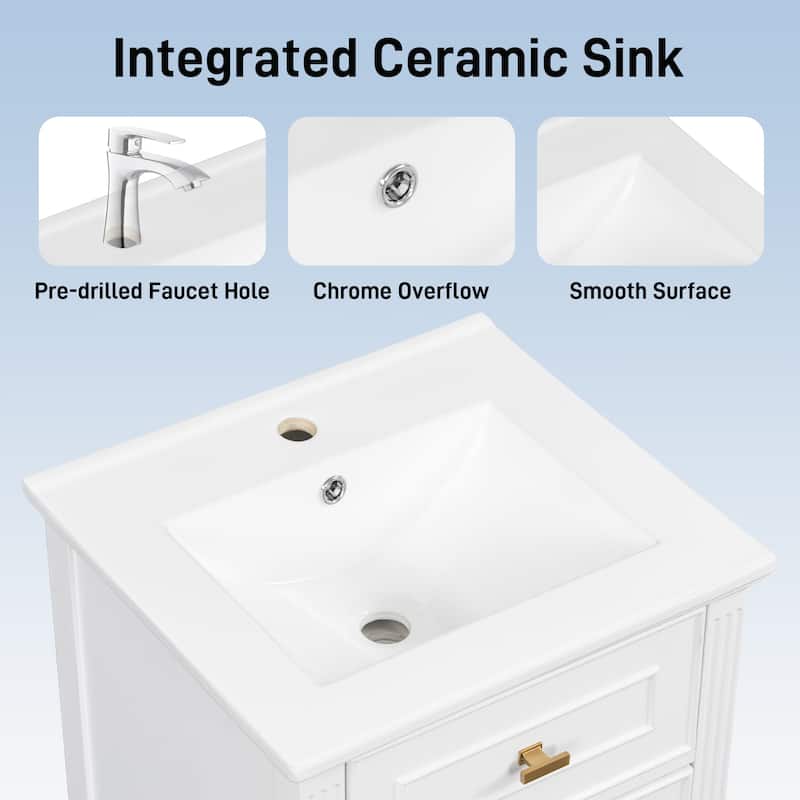 20" Bathroom Vanity with Sink, Solid Wood Legs, Adjustable Shelf, Tilt-Out Drawer, Zinc Alloy Knobs