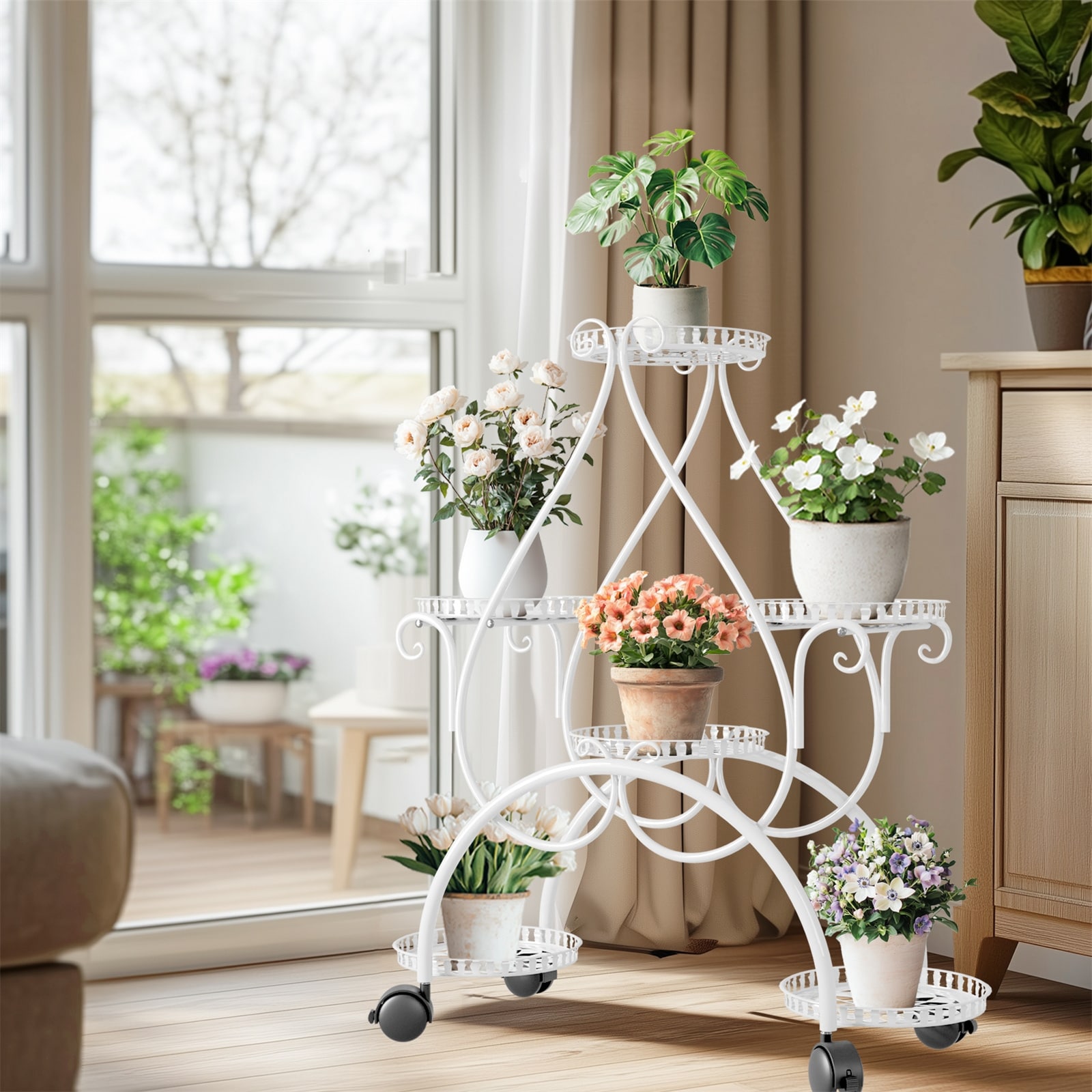 European White 6 Tiers Flower Stand with Rolling Wheels heart