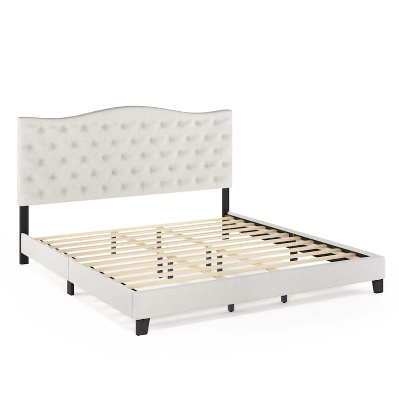 Abbyson Linen Button Tufted Bed Frame with Cushioned Headboard and Low Profile Footboard for Elegant Bedrooms