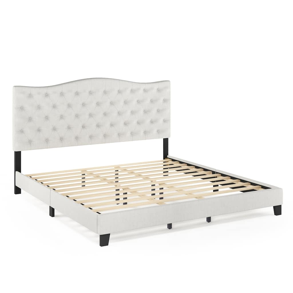 Abbyson Linen Button Tufted Bed Frame with Cushioned Headboard and Low Profile Footboard for Elegant Bedrooms