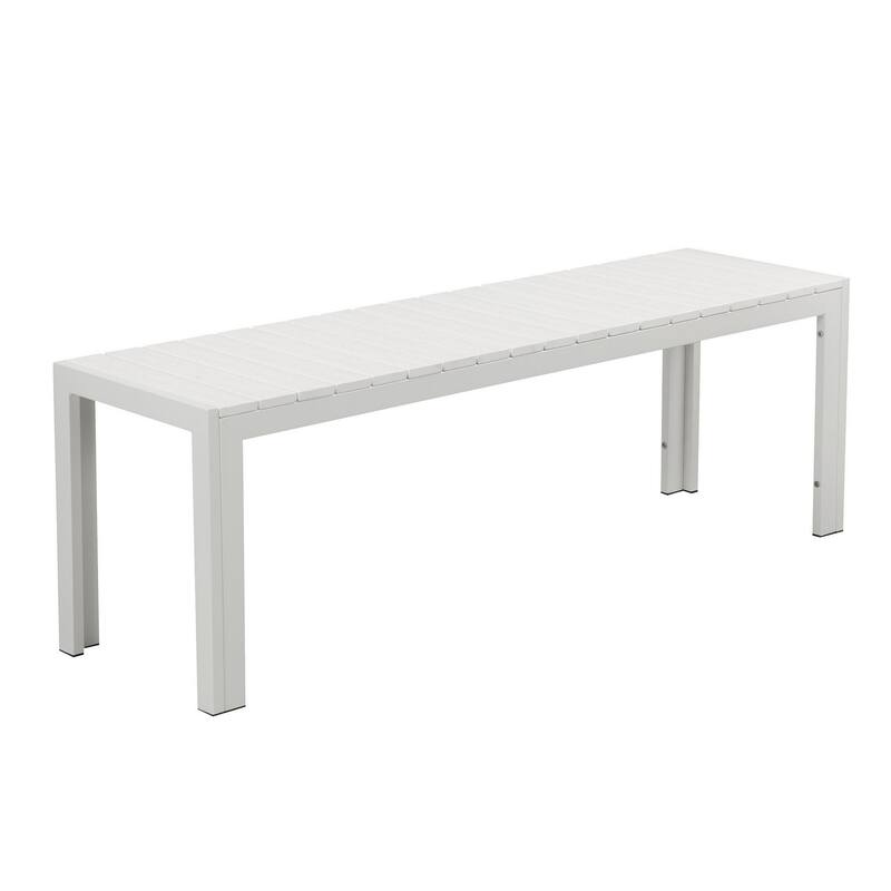 Theo 53 Inch Outdoor Bench, White Aluminum Frame, Plank Style Seat Surface