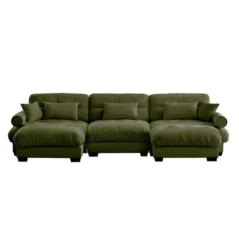 GDFStudio - Thalassia Velvet 3-Seater Sofa and Dual Movable Ottomans With Pillows