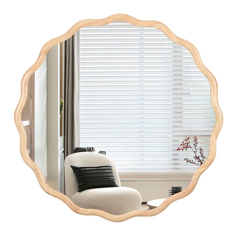 Roomfitters 36" Solid Wood Wavy Mirror, Modern Round Wall Decor for Bathroom, Bedroom & Entryway, Natural Wood