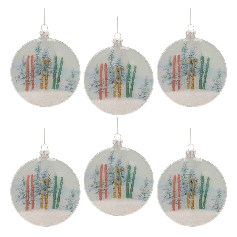 Ski and Snow Glass Christmas Disc Ornaments - 4.5" - 6ct