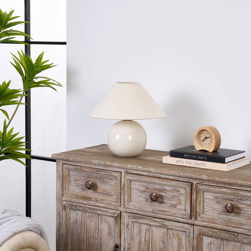 Brightech Fiona LED Off-White Cream Ceramic Midcentury Round Globe Bedside Nightstand Desk Lamp with Cream Cotton Empire Shade