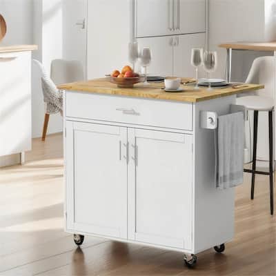 Rolling Kitchen Island w/ Rubber Wood Top, Adjustable Shelf Tower Rack