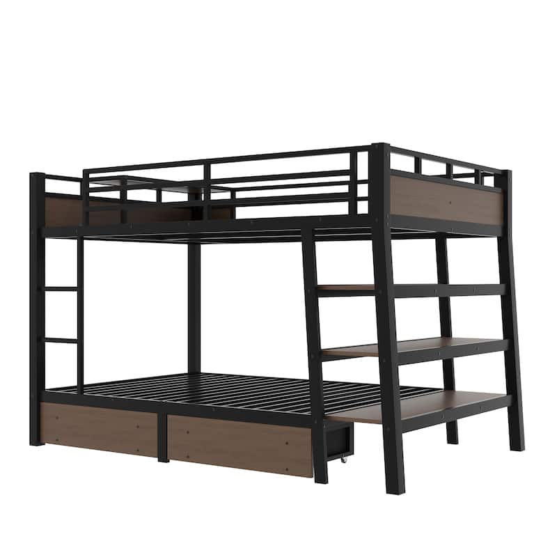 Full Size Metal Bunk Bed with Storage Shelves, LED light strip, and USB power strip