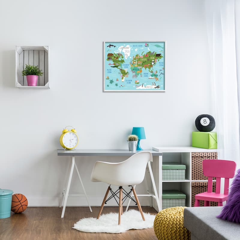 Stupell Kid's Animal World Map Favorite Regional Wildlife Framed Wall Art