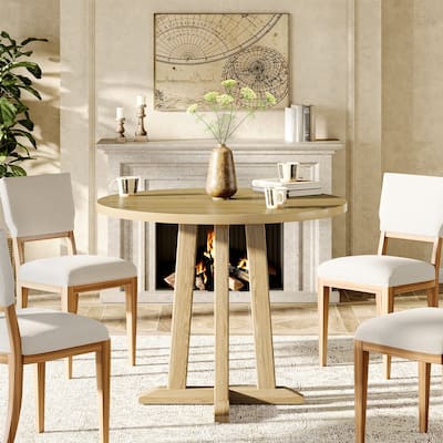 31.5” Round Dining Table Farmhouse Small Kitchen Table with Base - Natural Wood Color - N/A