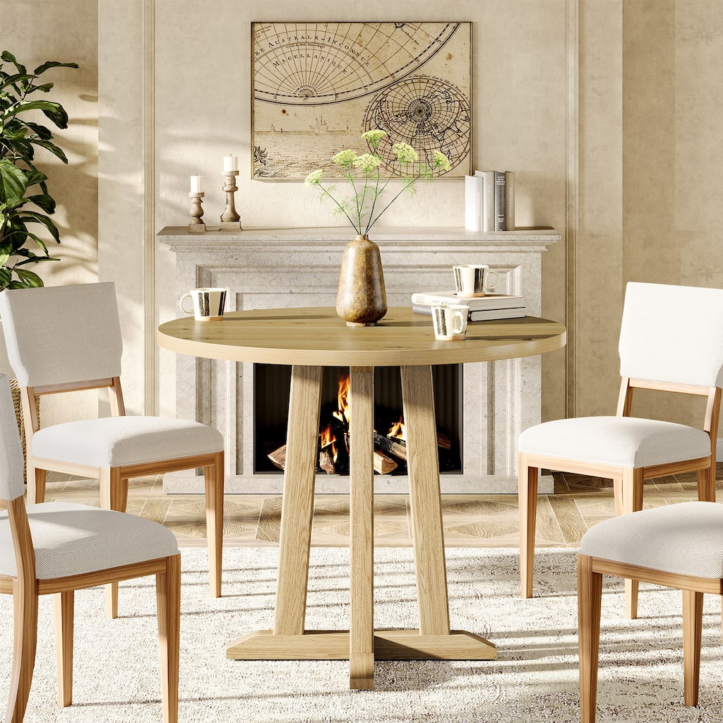 31.5” Round Dining Table Farmhouse Small Kitchen Table with Base - Natural Wood Color - N/A