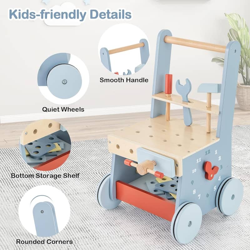 Baby Push Walker Wooden Toy Bench & Activity Walker w/Shape Sorter - Blue