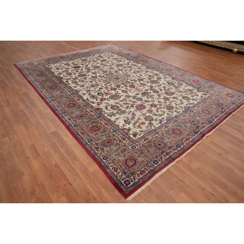 Hand Knotted Oriental 100% Wool Carpet Traditional Floral Beige & Ivories Tabriz Area Rug - 10' 4'' X 7' 4''
