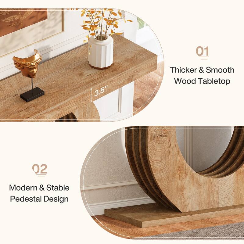 Industrial Sofa Console Table with Round Metal Base for Entryway