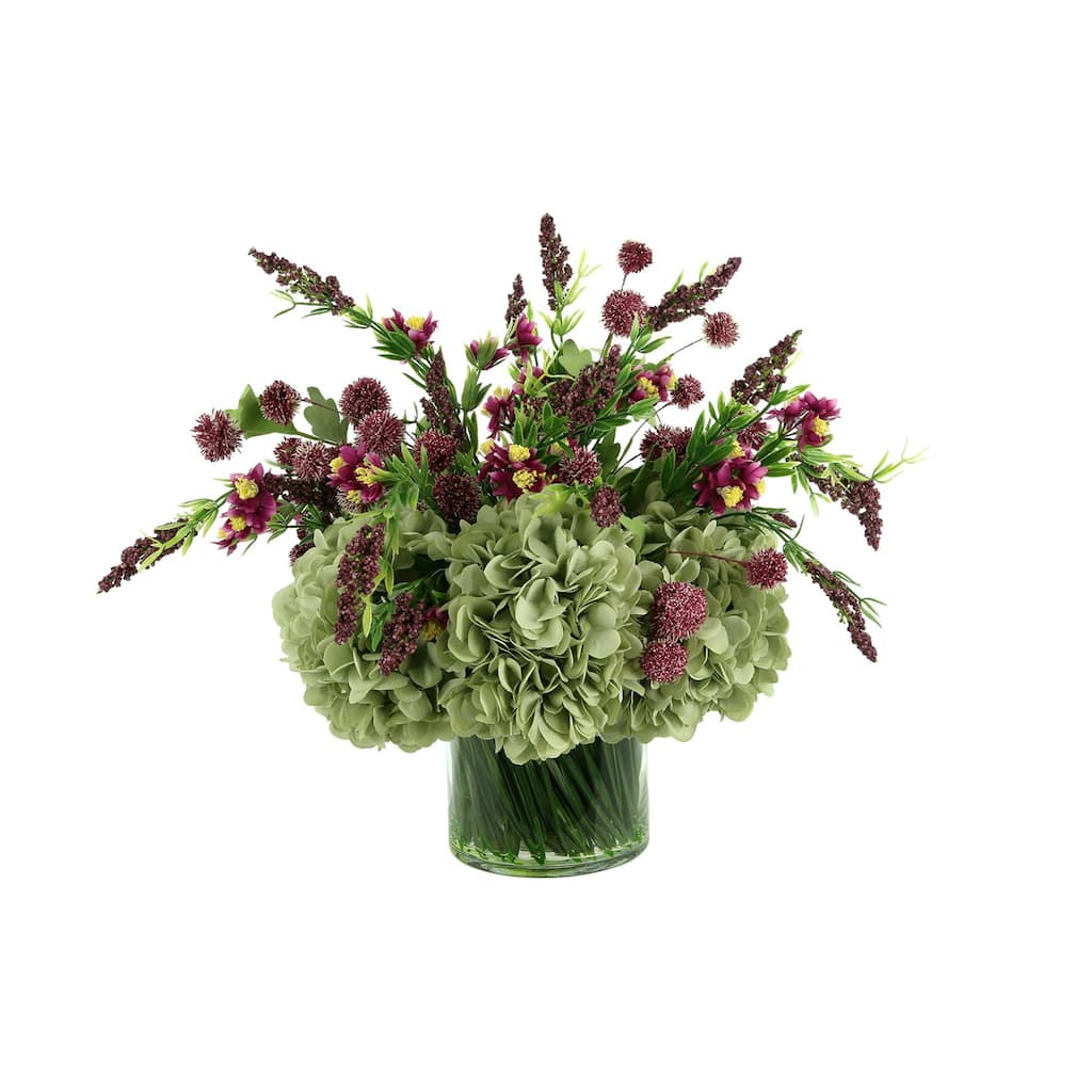Hydrangeas and Heather Arranged in a Glass Vase with Grass