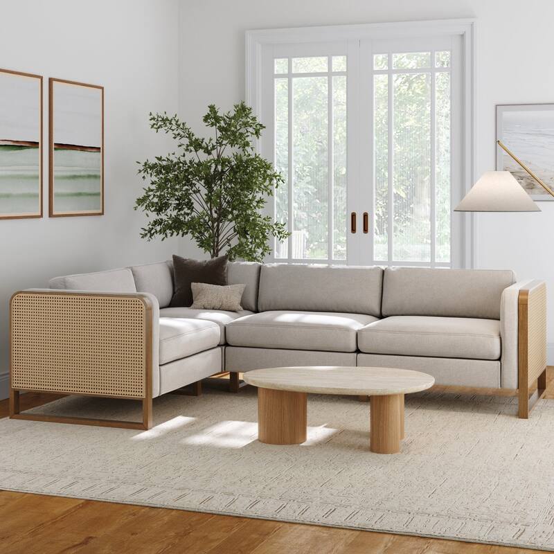 Madison Modern Upholstered Modular Sofa or Couch for Living Room with Solid Wood Legs - 4-Seater Sectional - Gray/Light Brown/Rattan