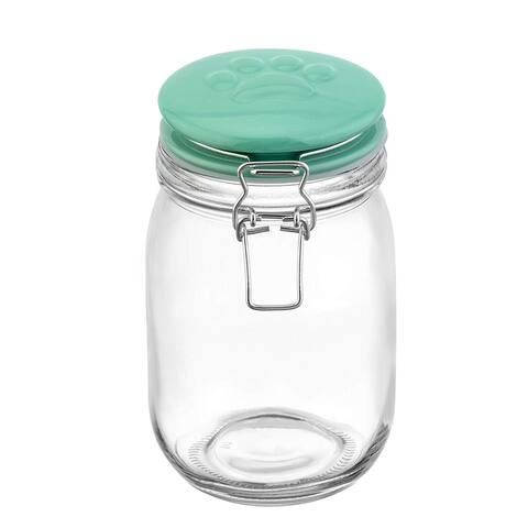 Amici Pet 7CN528R Briard Glass Pet Treats Jar with Hermetic Sealing Ceramic Lid BPA Free 34 Oz Clear Green - Clear/Green - 34 Oz