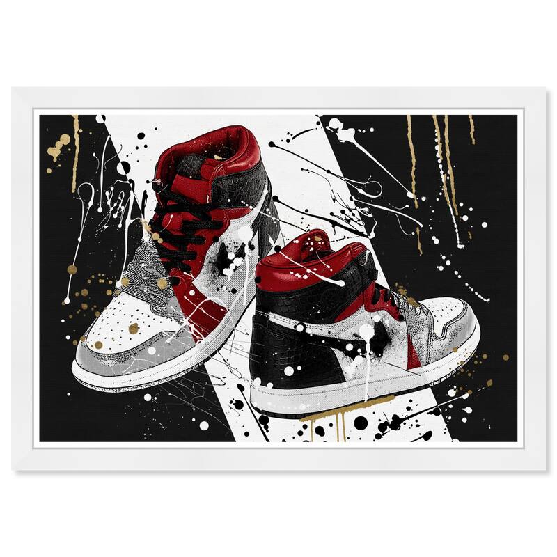 Wynwood Studio Prints Fashion and Glam Paint Dripped Sneakers Black and Dark Red Modern & Contemporary Wall Art Canvas Print