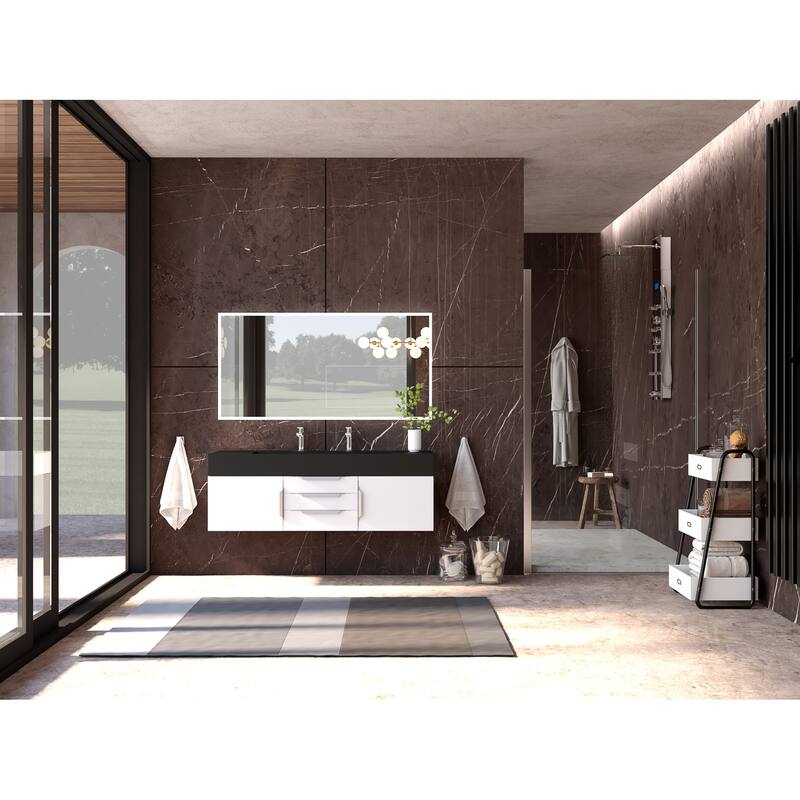 Nile 60" Wall Mounted Bathroom Vanity Set w/ Black Top