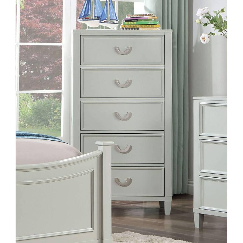 Transitional Gray 5-Drawer Chest with Dovetail Drawers & Chrome Pulls