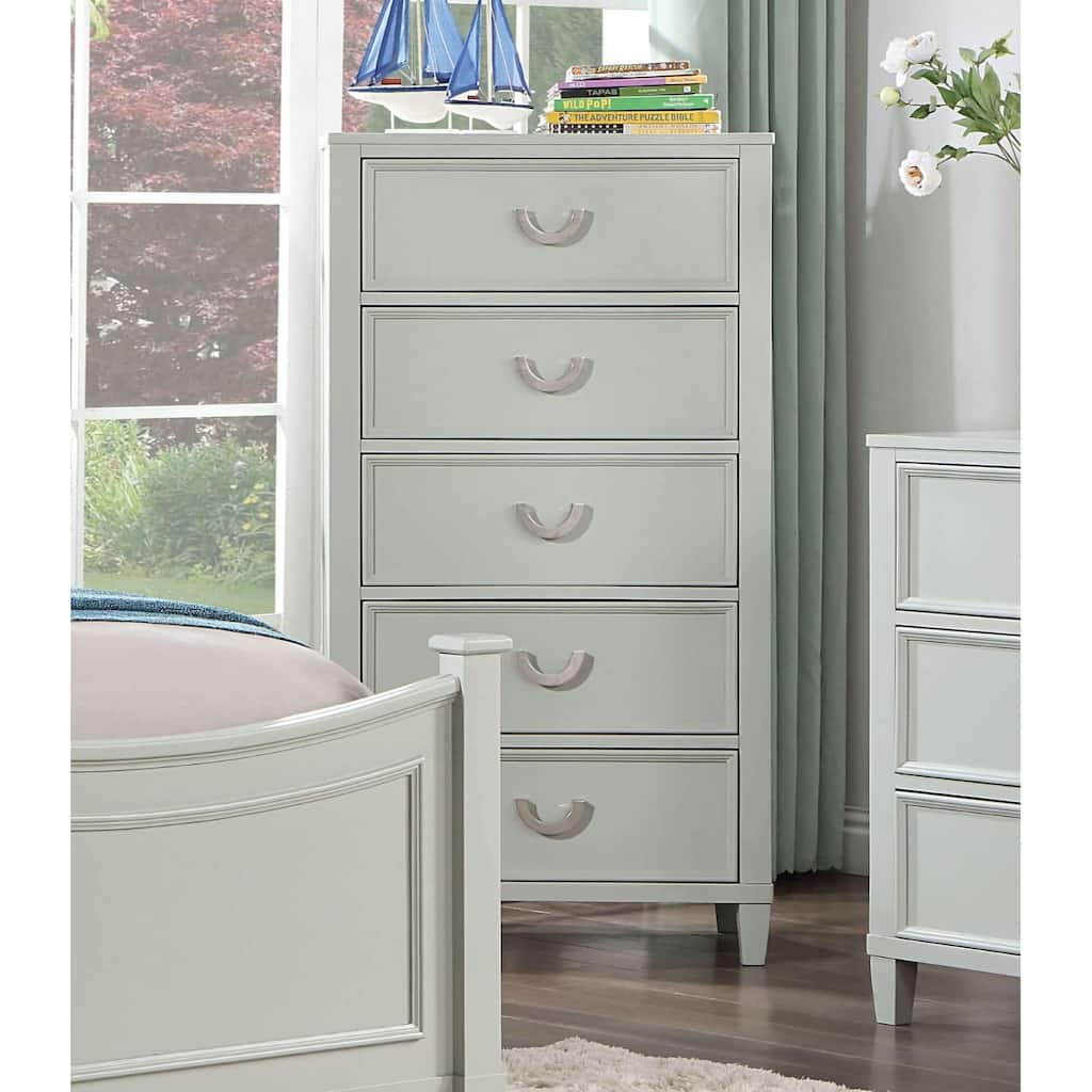 Transitional Gray 5-Drawer Chest with Dovetail Drawers & Chrome Pulls