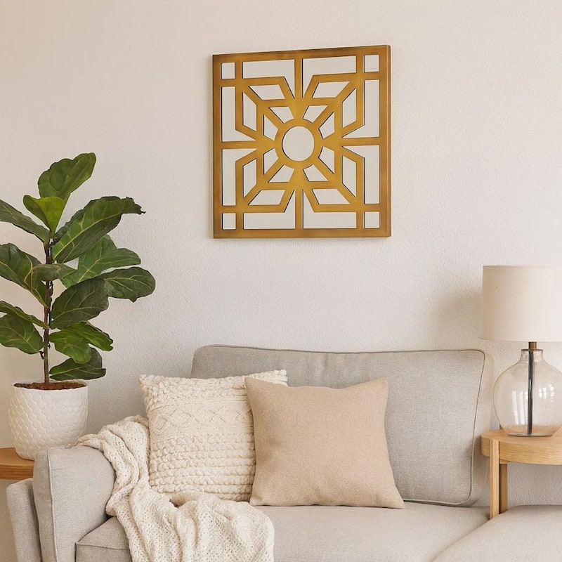 Mirrored Wall Decor Set of 2 with Wooden Floral Overlay on Top, Gold and Silver