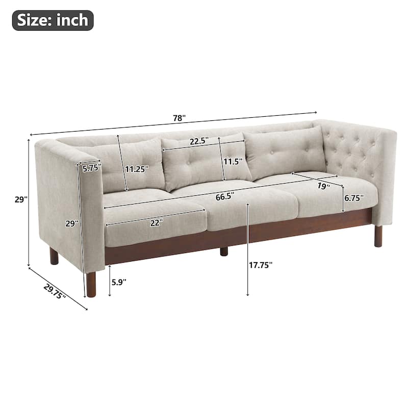 Anmytek 78" Modern Tufted 3-Seater Sofa in Grayish Beige for Living Room