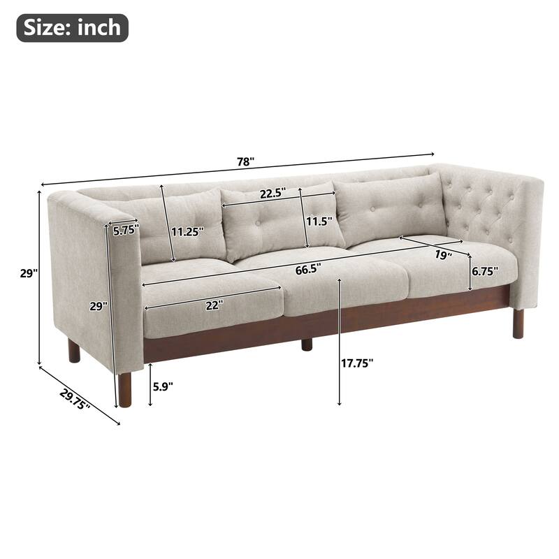 Roomfitters Modern 3-Seater Upholstered Sofa Couch with Tufted Back, Linen-Like Fabric, Greyish Beige