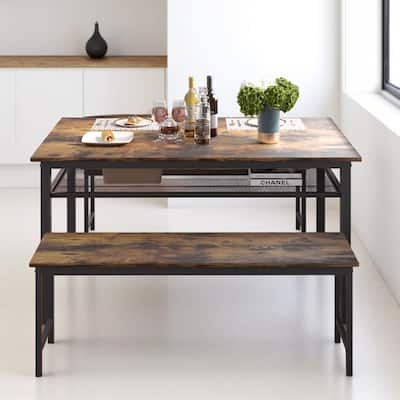 3-Piece Farmhouse Dining Set with Two Benches, Metal Frame and MDF Table for Kitchen or Dining Room, Space-Saving Design