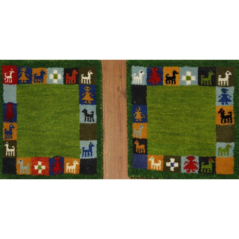 Hand Knotted Oriental 100% Wool Carpet Tribal Animal Pictorial Green Gabbeh Area Rug - 1' 4'' X 1' 4''