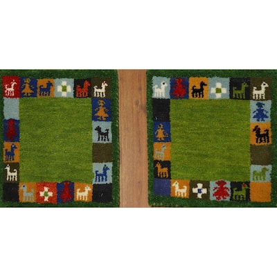Hand Knotted Oriental 100% Wool Carpet Tribal Animal Pictorial Green Gabbeh Area Rug - 1' 4'' X 1' 4''