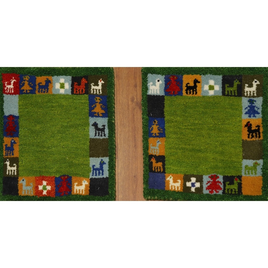 Hand Knotted Oriental 100% Wool Carpet Tribal Animal Pictorial Green Gabbeh Area Rug - 1' 4'' X 1' 4''