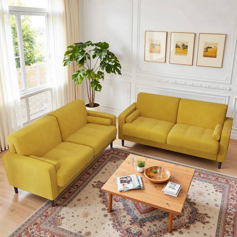 Modern Corduroy Upholstered Loveseat with Bolster Pillows and Wood Legs