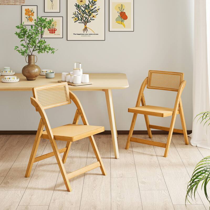 Natural Wicker Folding Boho Chairs Set of 2 with 360 Rotatable Backrests - 22" x 19" x 31.5"