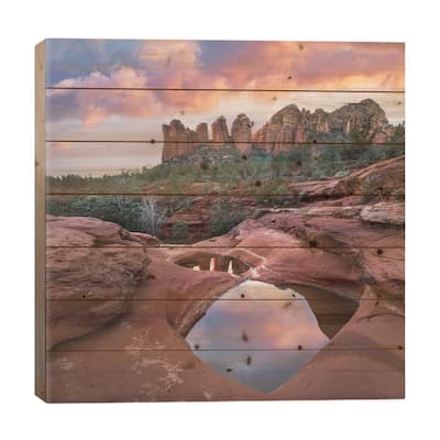 Coffee Pot Rock And The Seven Sacred Pools At Sunset, Near Sedona, Arizona Print On Wood by Tim Fitzharris - Multi-Color