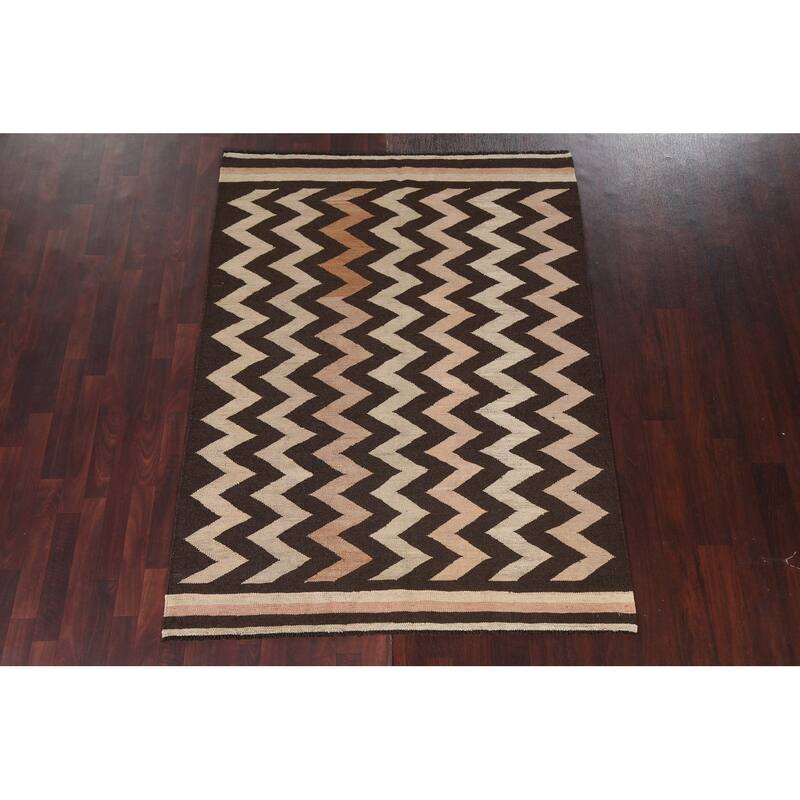 Chevron Style Kilim Natural Dye Wool Area Rug Flat-weave Foyer Carpet - 5'2" x 6'11"
