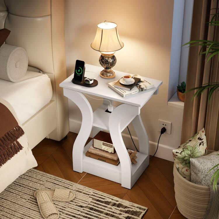 Set of 2 Engineered Wood 3-Tier Side Table with USB and Outlets - 19.5" x 12" x 24"