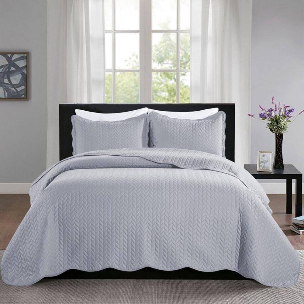3pc Full/Queen Embossed Quilted Bedspread Reversible Silver