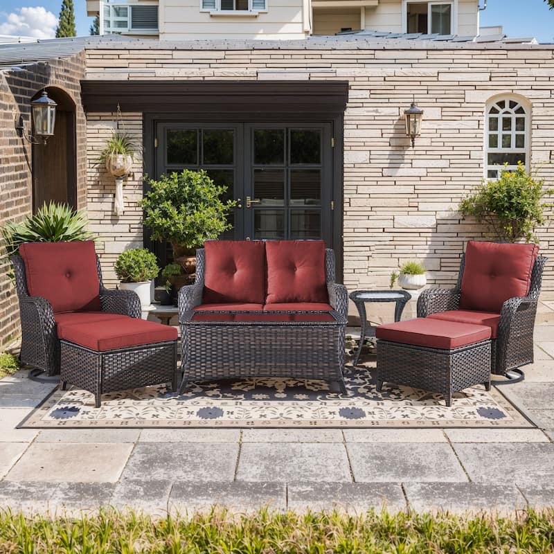 Pocassy Outdoor Sofa Swivel Chairs Table Ottoman 4 Inch Set - Brown Wicker Red Cushion - 7 Pieces 2-Seat Sofa Swivel Chair Table Ottoman