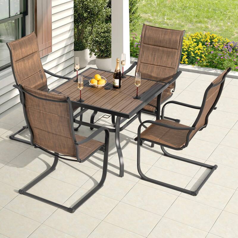 Outdoor Dining Set with Umbrella Hole, Breathable Textilene and Iron - Wood Grain