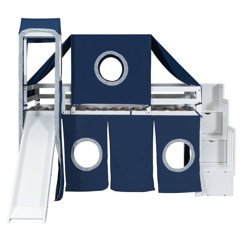 Blue Twin Loft Bed with Tent, Tower, and Playhouse Design for Kids