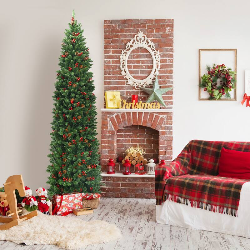 Gymax 7.5Ft Pre-Lit Pencil Christmas Tree Hinged Artificial Slim Tree - See Details