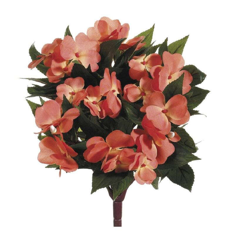New Guinea Impatiens Artificial Bush Spray - 13.75" - Salmon Pink