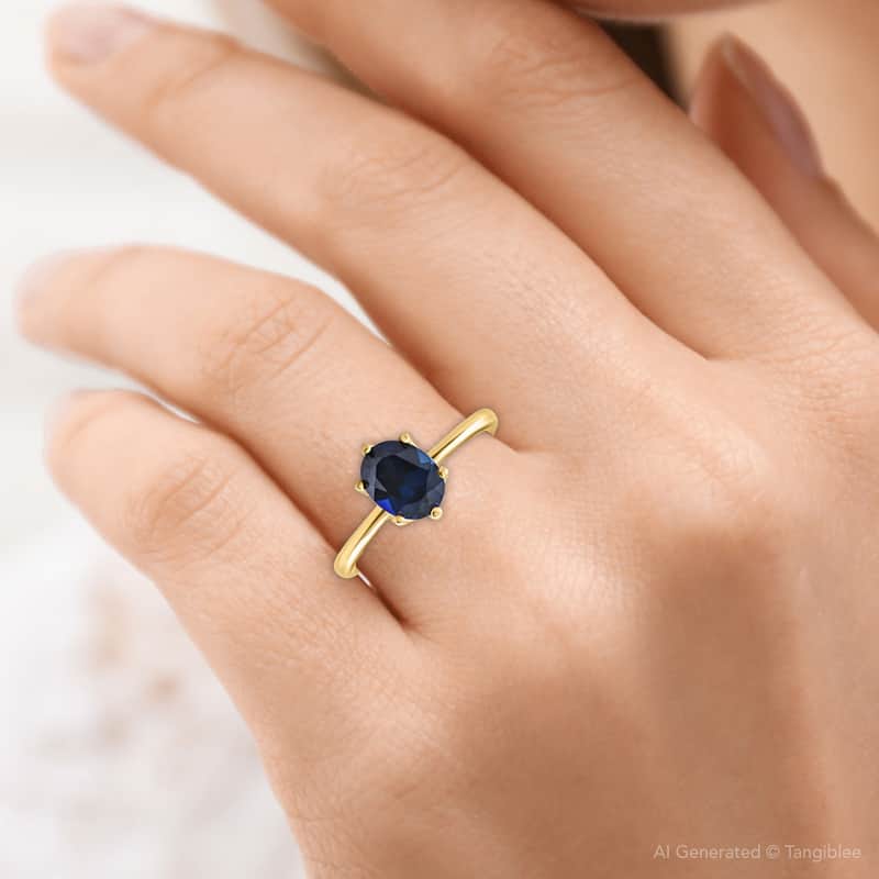 Yellow Gold Oval Blue Sapphire Engagement Anniversary Ring Lab Grown 9x7mm