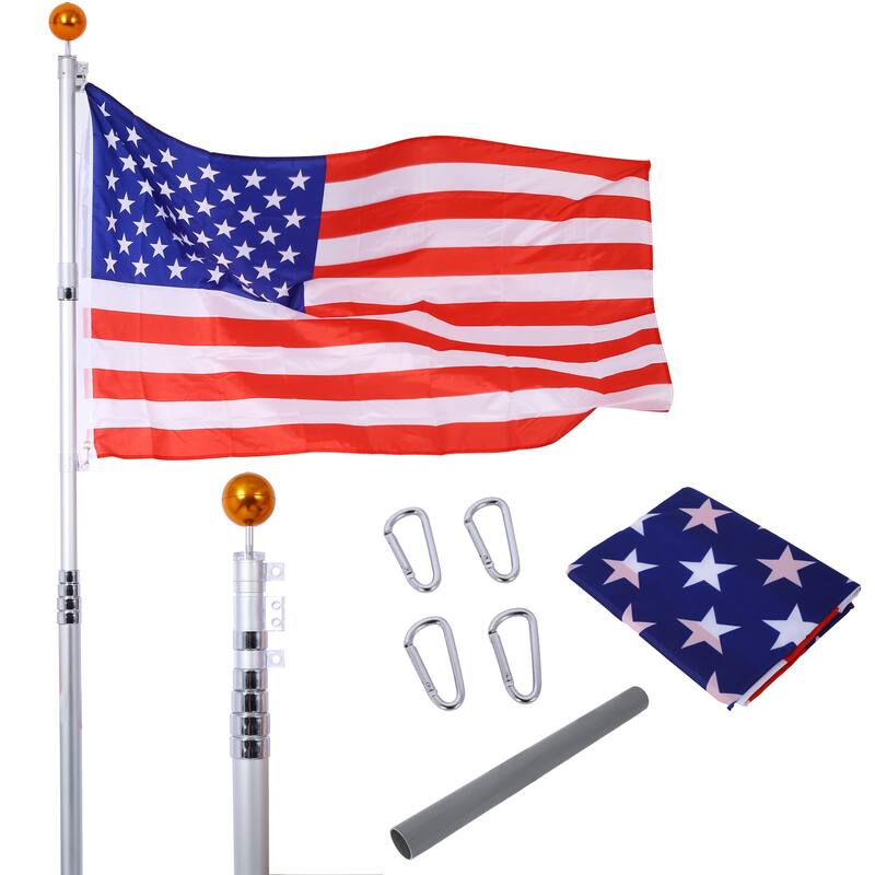 25FT Heavy Duty Aluminum Telescopic Flag Pole Kit, Sectional Flag Pole Kit, Outdoor Inground Flag Poles with Topper Balls