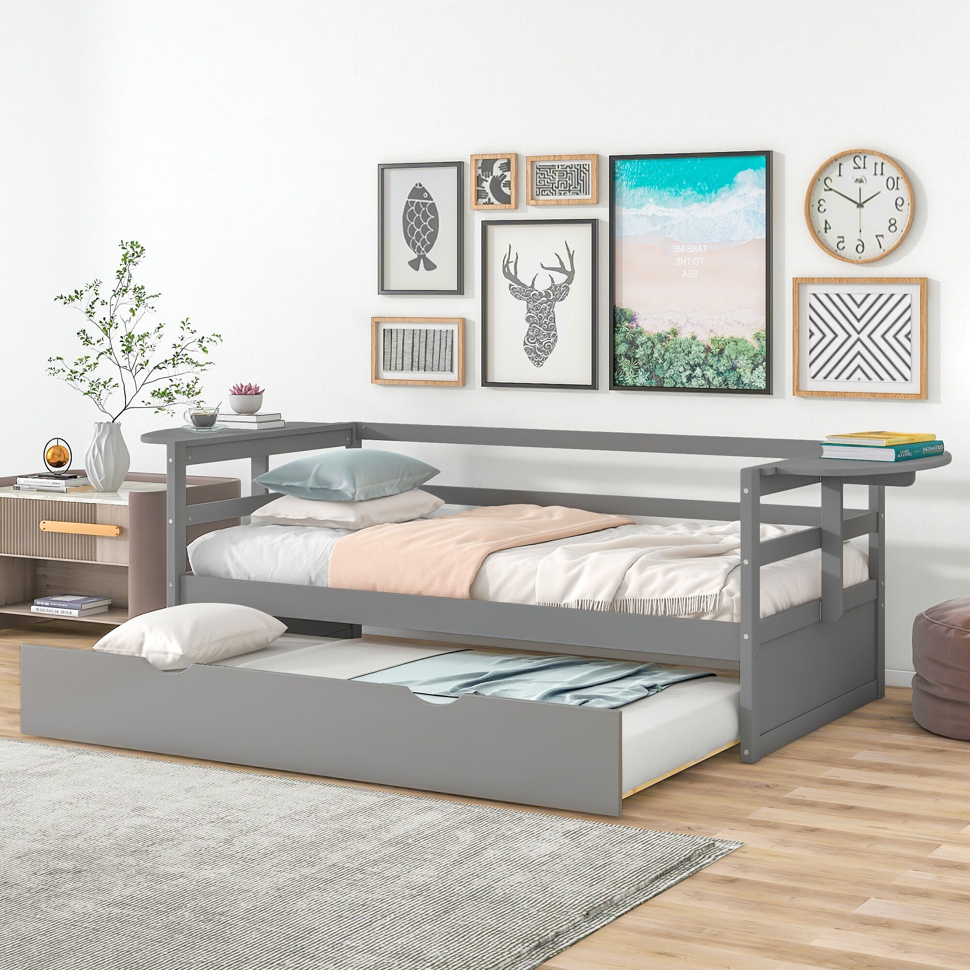 Modern Twin Size Daybed with Trundle and 2 Foldable Shelves