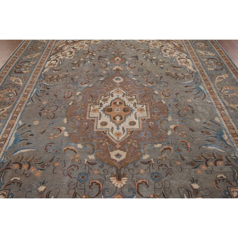 Gray Distressed Tabriz Vintage Persian Area Rug Handmade Wool Carpet - 7'7" x 11'2"
