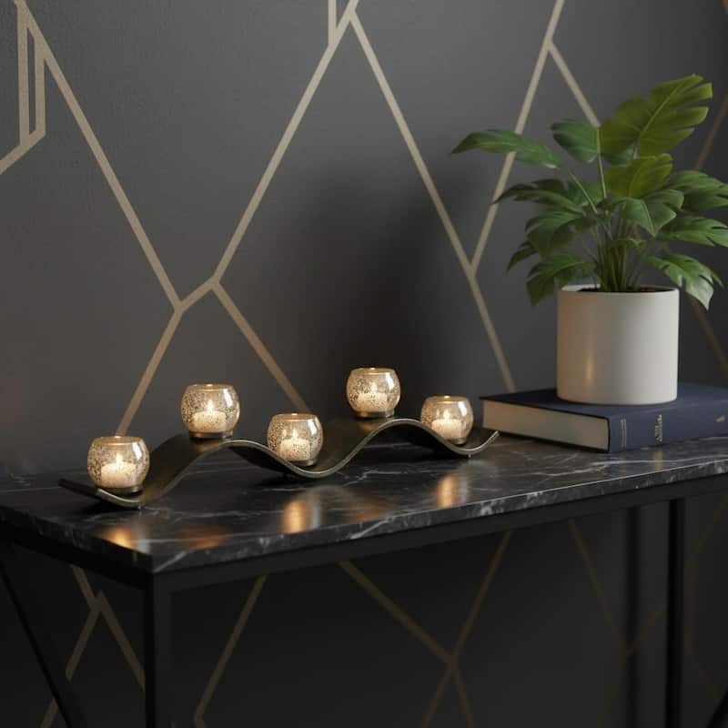 7" Silver Distressed Abstract Metal And Glass Tabletop Hurricane Candle Holder - Silver
