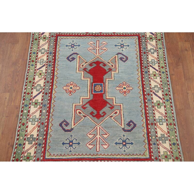 Light Blue Geometric Kazak Accent Rug Handmade Wool Carpet - 3'3" x 4'11"
