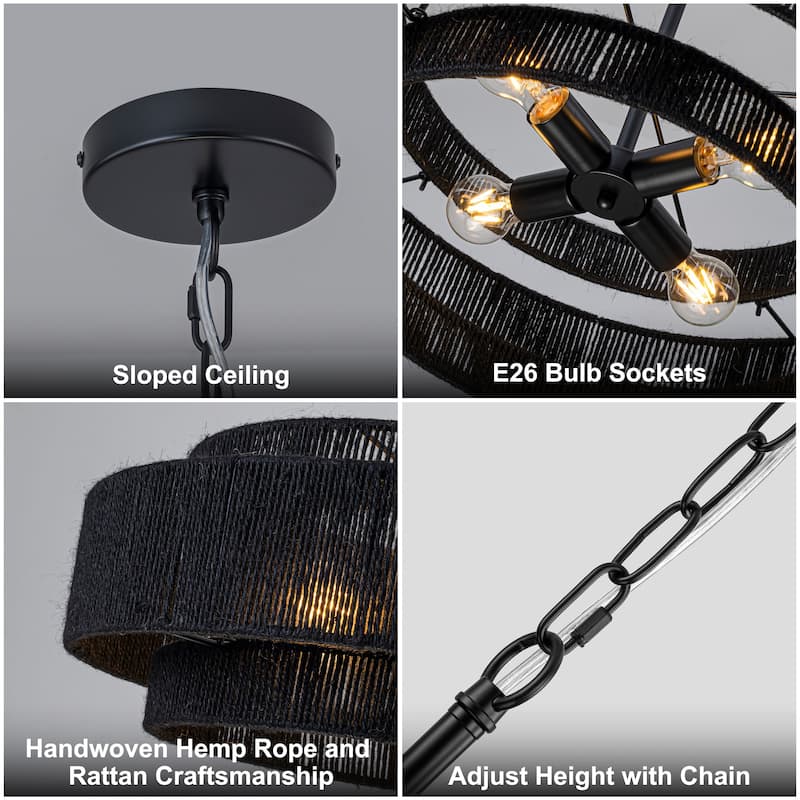 Starsky 4-light Rattan Hand-Woven Hemp Rope Chandelier